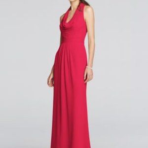 David's Bridal long chiffon dress with front cowl neckline - apple red; size 8